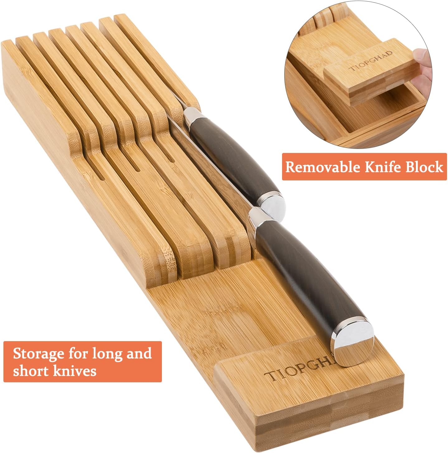 TIOPGHAD Small-Bamboo-Silverware-Drawer-Organizer, Expandable Utensil Kitchen Cutlery Tray Flatware Organization Adjustable Wood Tableware Dividers Storage (with Removable Knife Block)(Natural)
