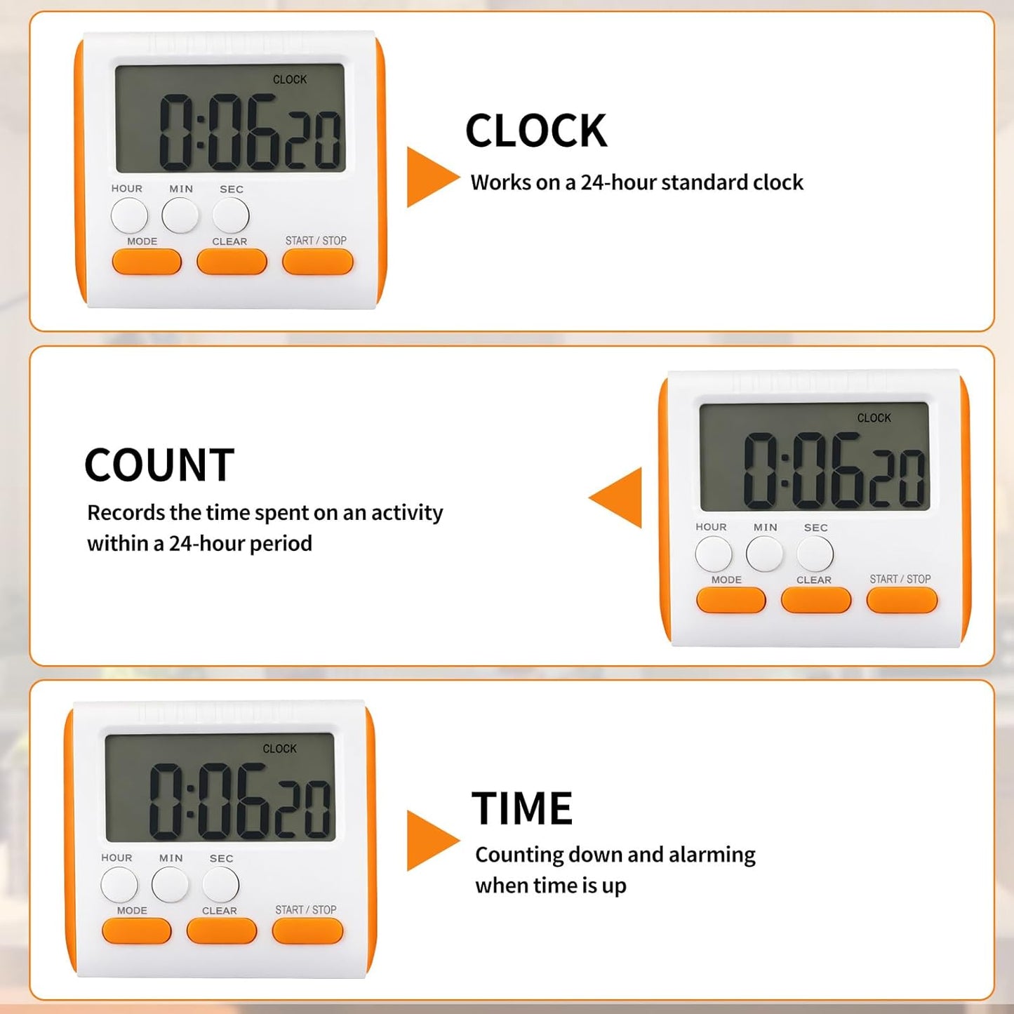Mudder 6 Pack Digital Kitchen Timer for Cooking, Large Digits, 24 Hour Magnetic Backing Stand Kitchen Timers Clock for Classroom Kids Teachers, Loud Alarm and Large Screen (Black)