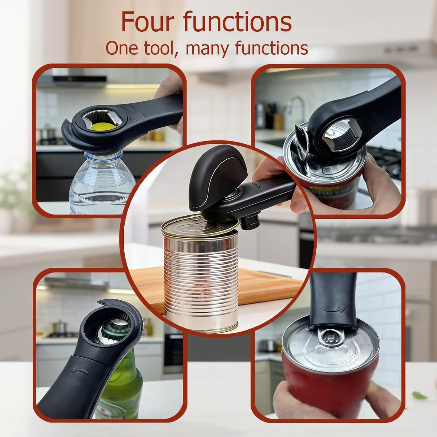 4-In-1 Multifunctional Can Opener Manual, Can Openers for Seniors with Magnetic Hooks, Can Opener Smooth Edge Suitable for Beer/Cans(Black)