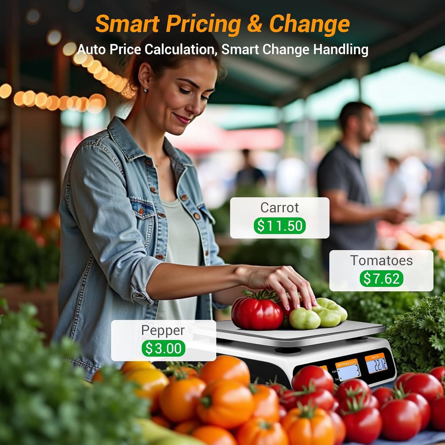 Commercial Food Scale 66lb/30kg, High Precision Digital Price Computing Scale for Farmers Marke, Deli, Dual Backlit LCD Display, Stainless Steel Platform, Rechargeable Battery for Produce Meat