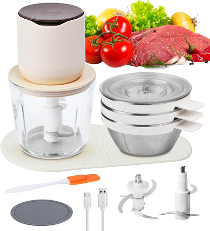 Mini Garlic Chopper, 250ml Small Food Processor Cordless 1 Cup, Battery USB-C Rechargeable Electric Food Chopper Wireless, Portable Garlic Grinder Masher,Veggie Meat Blender Mincer Kitchen Mixer,White