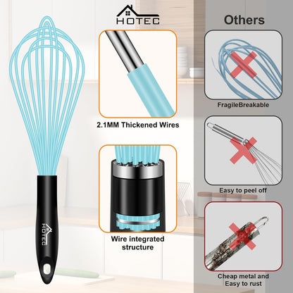 HOTEC 4 Pieces Silicone Whisks Set, Wire Balloon Whisks for cooking Egg Beater, Non-slip Handle Whisk for Non-stick Cookware Perfect for Cooking, Stirring, Beating and Blending (Multicolor)