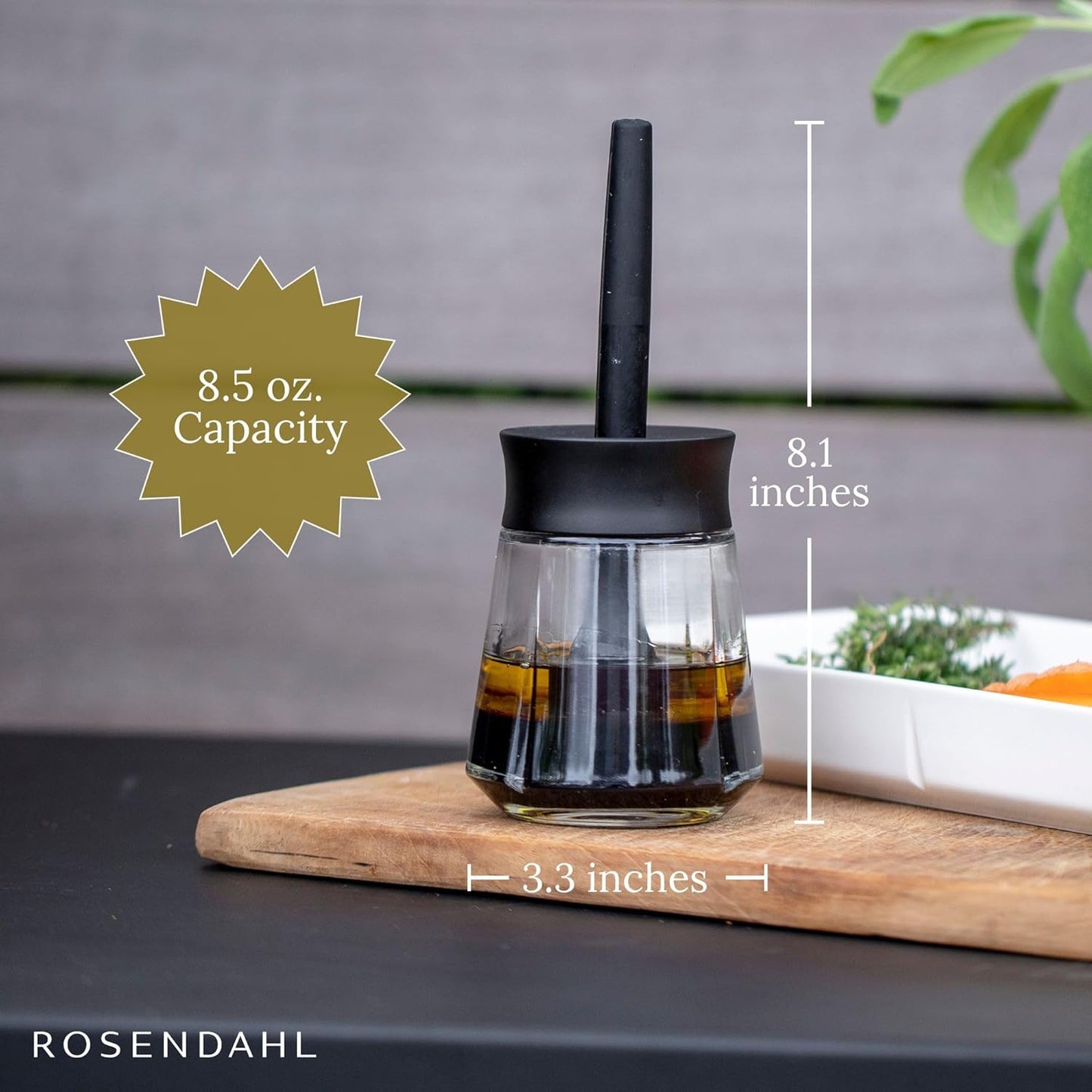 Rosendahl Grand Cru 8.5 Oz Dressing Shaker - Elegant Black Glass Container with Push-Button Lid, 360-Degree Spout for Easy Pouring, Leak-Proof, Multifunctional Kitchen Essential for Homemade Dressings
