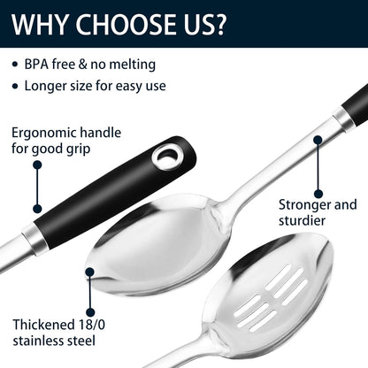 14-in Cooking Spoons Set, Heavy Duty 18/0 Stainless Steel Large Serving Spoons Set, Slotted Spoon, Cooking Spoon & Soup Ladle, Commercial and Residential Use, Pack of 3