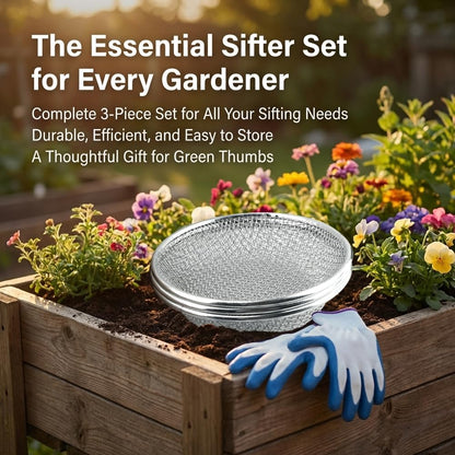 Gardening Sieve with Mesh Strainer, Soil Sifter Screens for 5 Gallon Buckets, Iron Bucket-Top Sieve Set with Gloves, 3/8 inch, 1/4 inch and 1/8 inch Mesh for Compost, Sawdust and Worm Castings