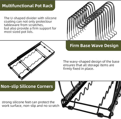 Pot Rack Organizer -Expandable Pot and Pan Organizer for Cabinet,Pot Lid Organizer Holder with 10 Adjustable Compartment for Kitchen Cabinet Cookware Baking Frying Rack,Bronze
