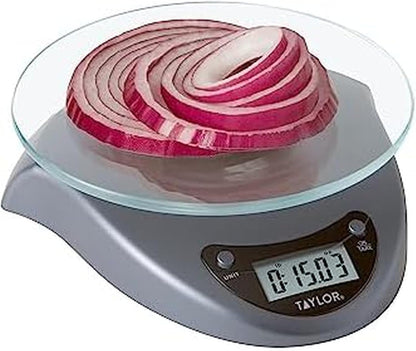Taylor Digital Kitchen Scale with Glass Platform, Tare Button, and Plastic Body Weighs up to 11 Pounds Capacity, White