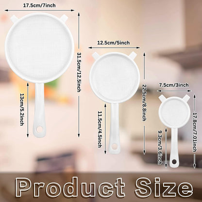3 Pcs Plastic Nylon Mesh Strainer Colander with Handle Double Ear Fine Food Mesh Strainer Flour Sifter for Baking Kitchen Colander Sifter Kefir Tea Juice Pasta(3 Inch, 4 Inch, 5.5 Inch)