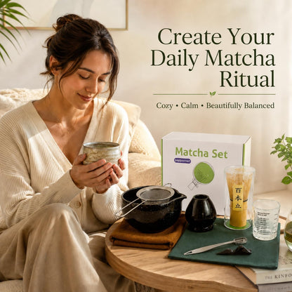 Matcha Tea Set – Traditional Japanese Matcha Kit with Bamboo Whisk (Chasen), Bowl (Chawan), Scoop (Chashaku) & Holder – Premium Matcha Starter Set for Beginners & Tea Lovers