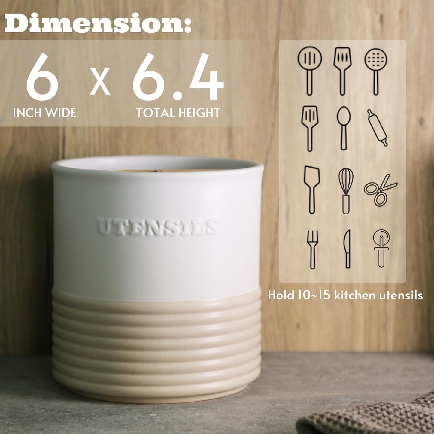 WILDMOS Ceramic Utensil Holder,Farmhouse Kitchen Utensil Holder for Countertop,Large Kitchen Utensil Organizer,Cooking Utensil Crock.