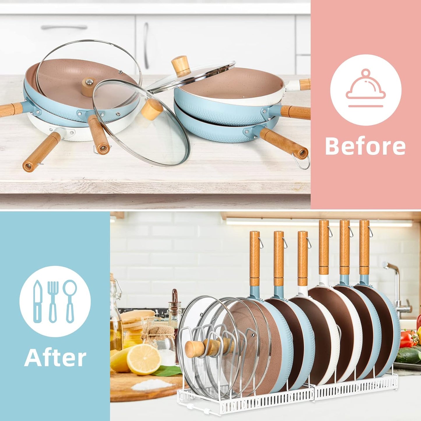 Pot Rack Organizer -Expandable Pot and Pan Organizer for Cabinet,Pot Lid Organizer Holder with 10 Adjustable Compartment for Kitchen Cabinet Cookware Baking Frying Rack,Bronze