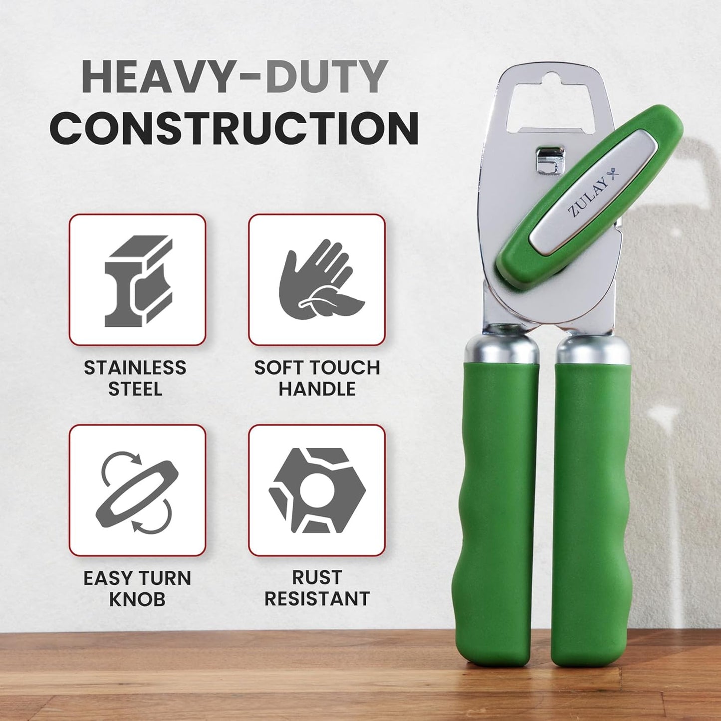 Zulay Kitchen Heavy Duty Stainless Steel Can Opener Manual with Bottle Opener - Rust Proof Manual Can Opener With Turn Knob & Comfy Soft Grip Handles - Cherry Red - Colors A
