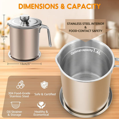Chihee Grease Container Stainless Steel Bacon Grease Saver with Fine Mesh Strainer 2L / 67.6 fl oz Cooking Oil Keeper Stoarge Can with Dust-proof Lid Non-slip Tray for Kitchen Frying