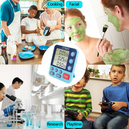 Dual Digital Timer for Kitchen Cooking, 3 Channels Count Down/Up Triple Timer for Kids, Presets Memort Large Display & Magnetic Back Adjustable Alarm Volume, Suit for Kids Teachers Studying, Blue