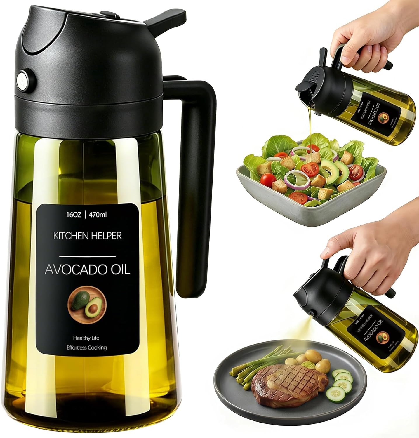 Poshetion 2 in 1 Olive Oil Sprayer for Cooking, 16oz Light-Proof Oil Dispenser for Kitchen, Leak-Proof Oil Spray Bottle for Air Fryer, Salad, BBQ, Baking, Grilling - Black & Green
