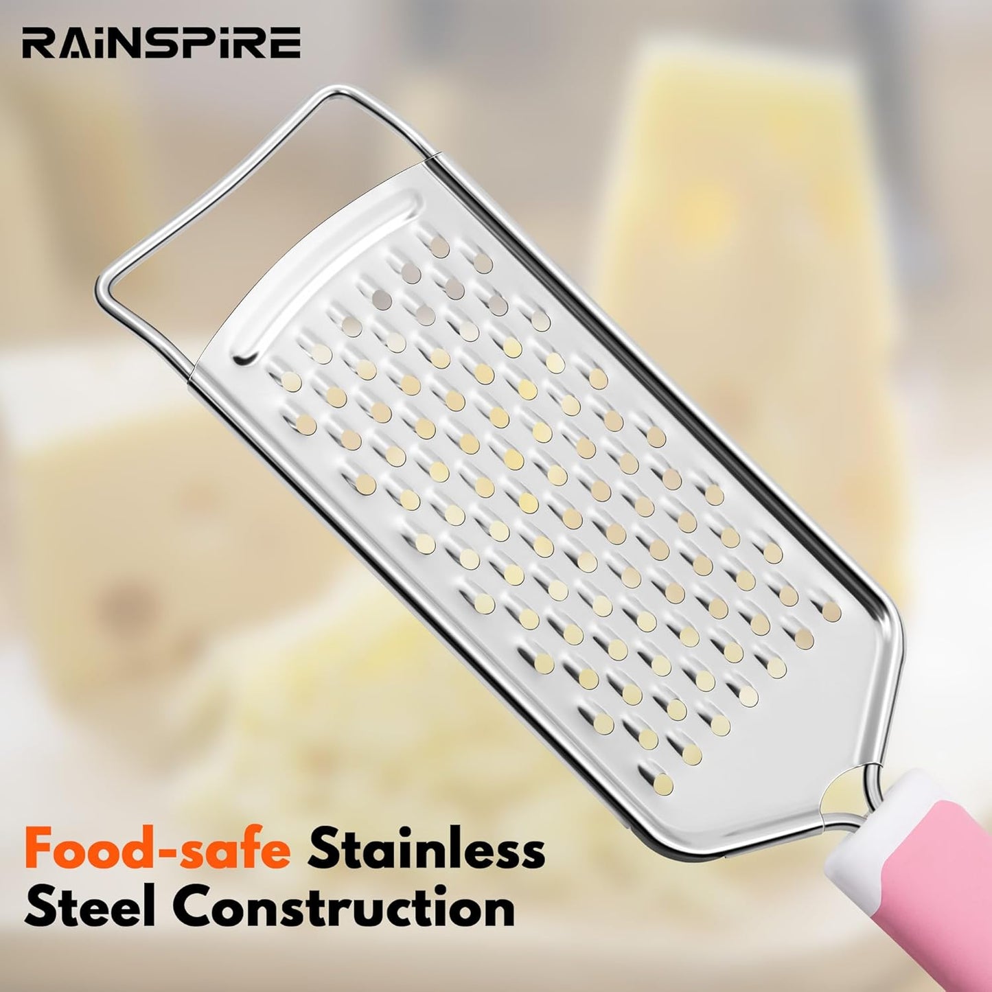 Rainspire Professional Cheese Graters for Kitchen Stainless Steel Handheld, Metal Lemon Zester Grater With Handle For Cheese, Chocolate, Spices, Kitchen Gadgets And Tools, Soft Grip Handle, Black