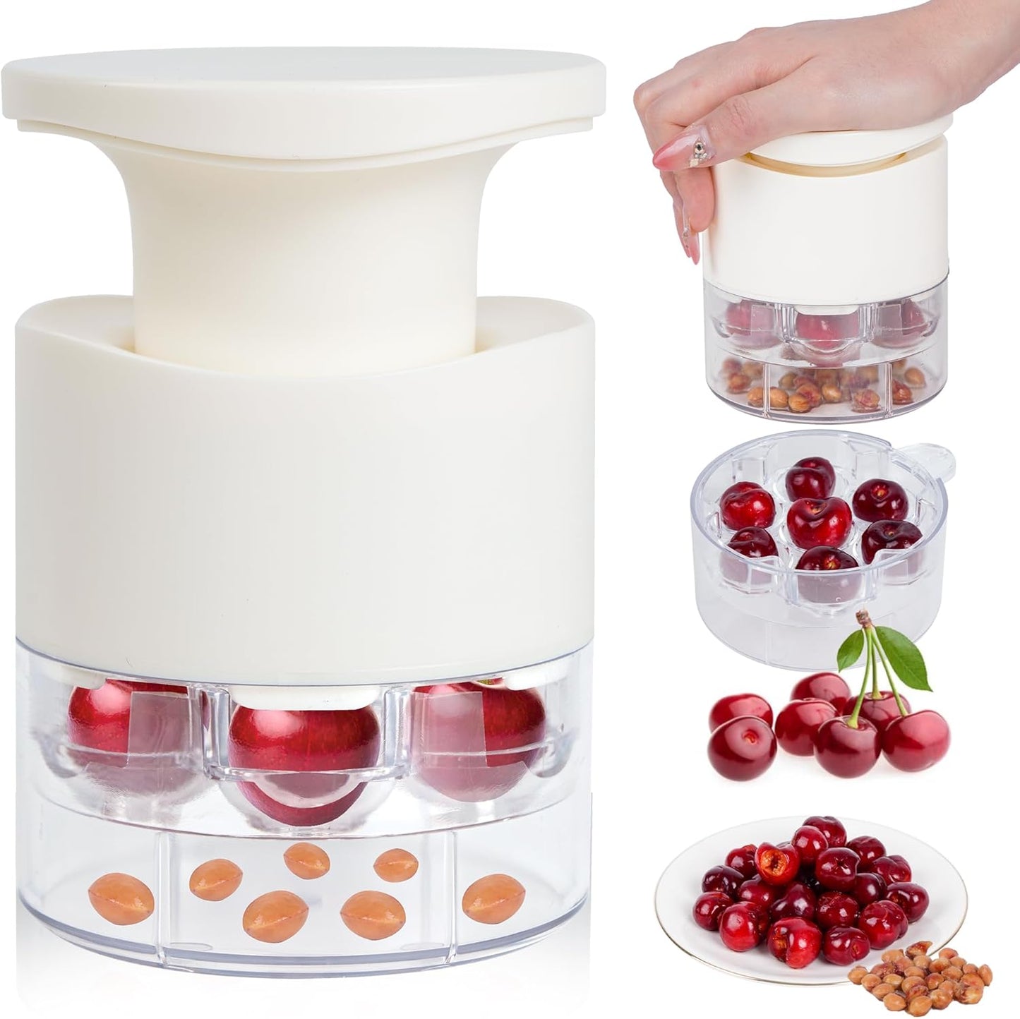 Cherry Pitter, 7-Hole Long Plunger Push Button Cherry Core Remover Tool with Splatter Protector, Quickly Pitting Cherries for Making Jam, Pies (White)