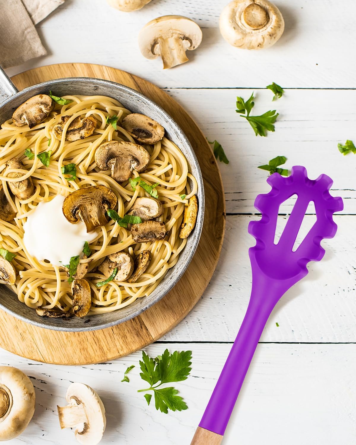 Silicone Pasta Fork, Kitchen Heat Resistant Noodle Spoon Server, BPA Free Spaghetti Strainer,12.8 inch (Khaki)