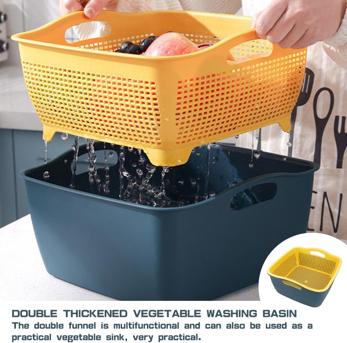 Double-layer Plastic Fruits Vegetable Washing Basket Food Storage Multi-layer Stackable Vegetable Sinks Wash Drain Basket for Kitchen (White)