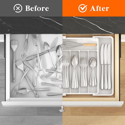Lifewit Silverware Drawer Organizer, Expandable Utensil Tray for Kitchen, BPA Free Flatware and Cutlery Holder, Adjustable Plastic Storage for Spoons Forks Knives, 11-18 x 14", Black
