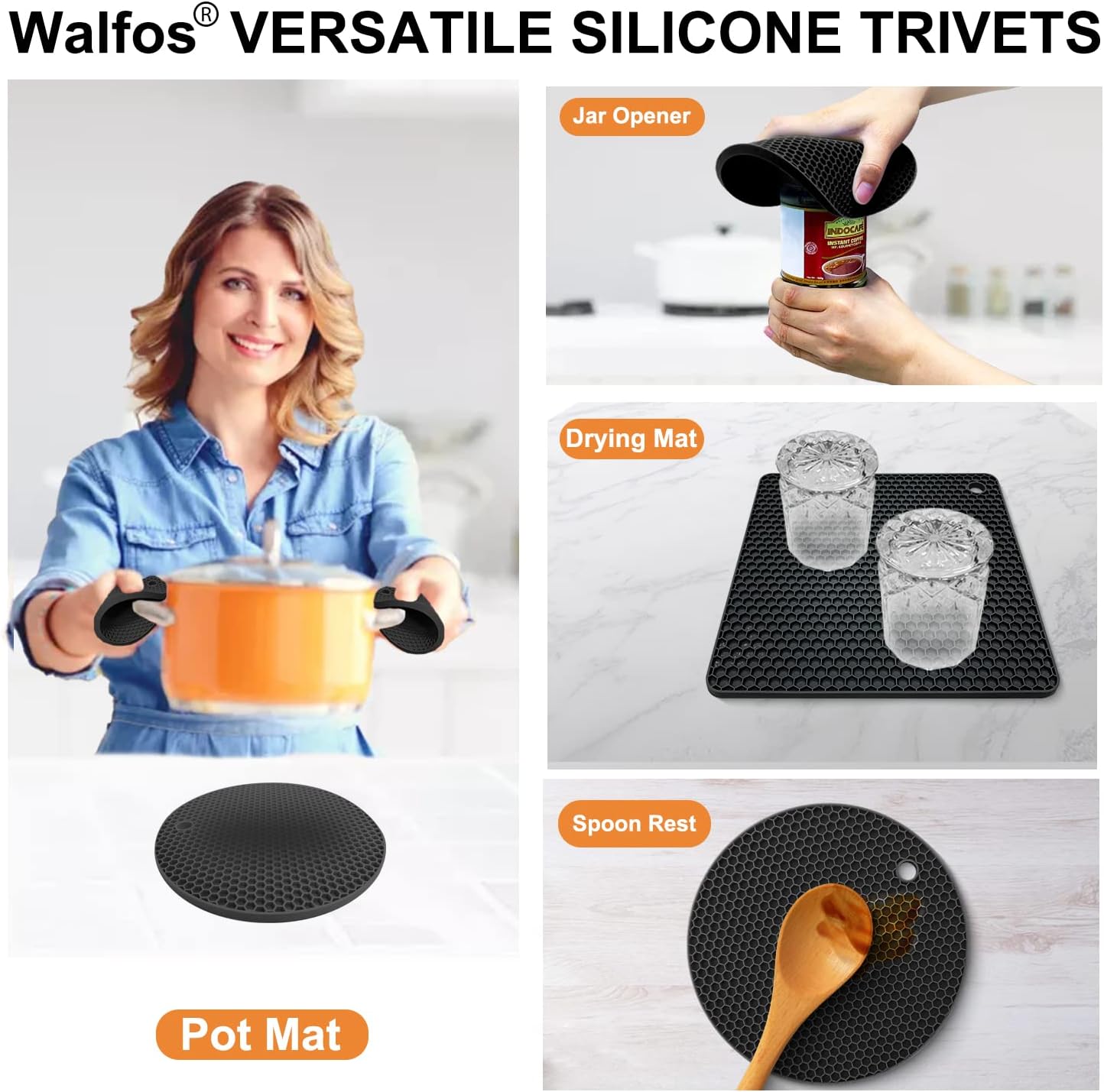 Walfos Silicone Trivet Mats - 4 Heat Resistant Pot Holders, Multipurpose Non-Slip Hot Pads for Kitchen Potholders, Hot Dishers, Jar Opener, Spoon Holder, Food Grade Silicone & BPA Free (Black)