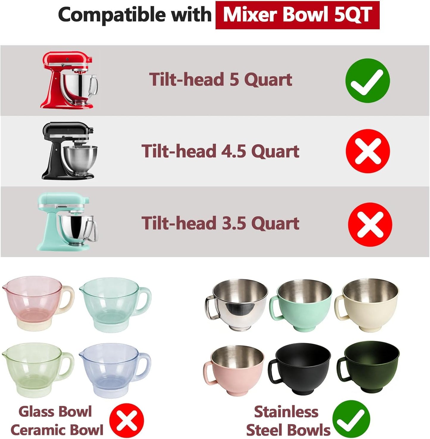3 Pack Silicone Bowl Liners with Lids for KitchenAid 5QT Tilt Head Mixer, Collapsible Food-Grade Bowl Inserts, Thick Heat/Cold Resistant Silicone Mixing Bowl Liners