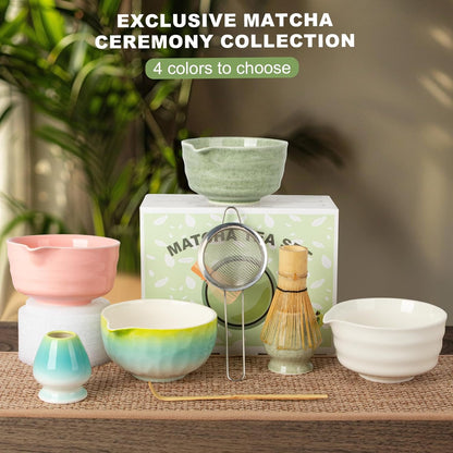 Dayacoco Matcha Whisk Set,Ceramic Matcha Kit Set Includes Bowl with Spout, Whisk,Holder,Bamboo Scoop and Sifter,5 pcs Matcha Tea Kit for Matcha Lovers, Ideal Gift for Christmas, Birthday (Green)