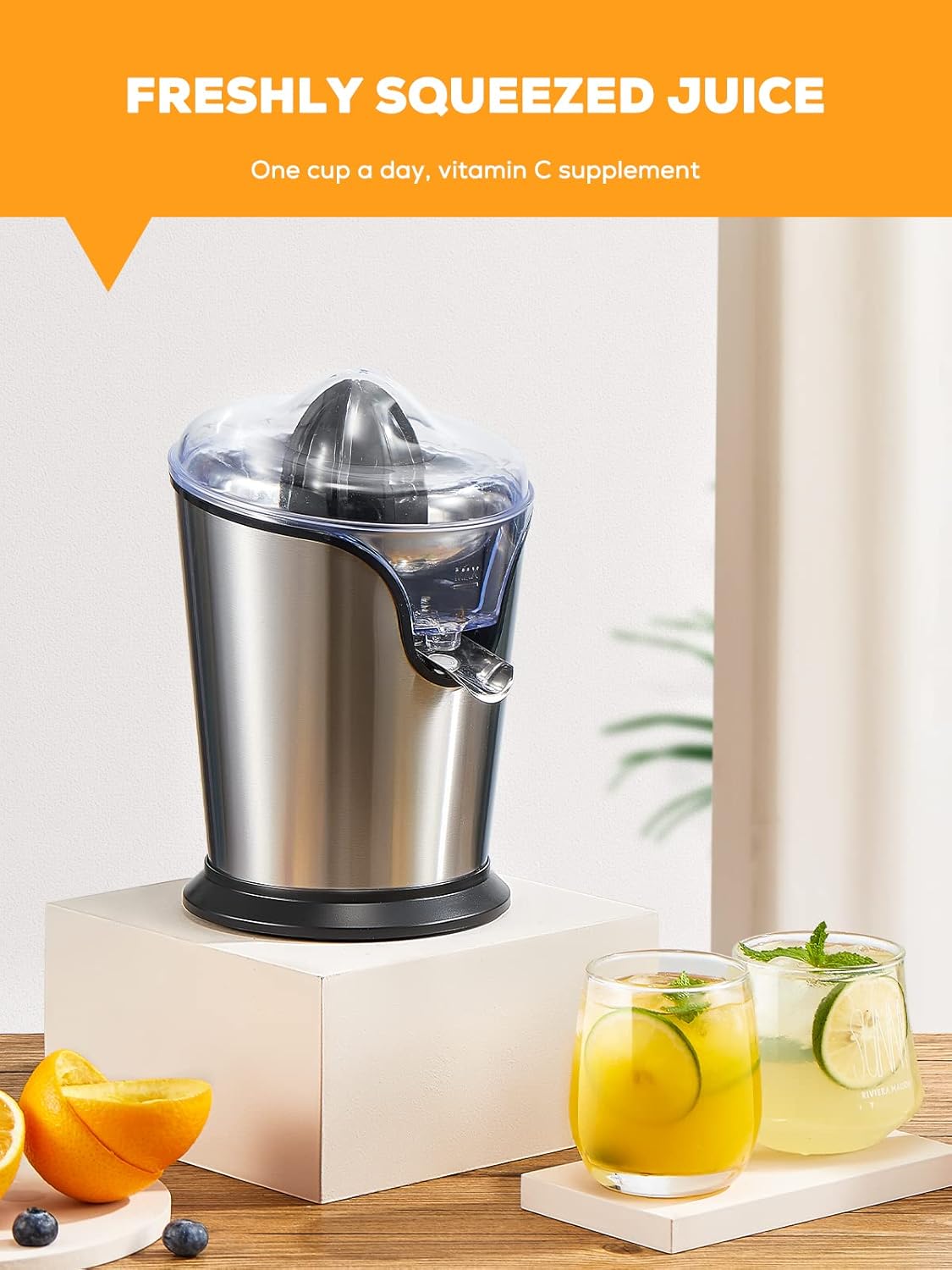 Aiheal Orange Juicer Machine Electric Citrus Juicer with Two Interchangeable Cones Suitable for All Size of Citrus Fruits, Anti-drip Spout and Ultra Quiet Motor, BPA Free, Brushed Stainless Steel