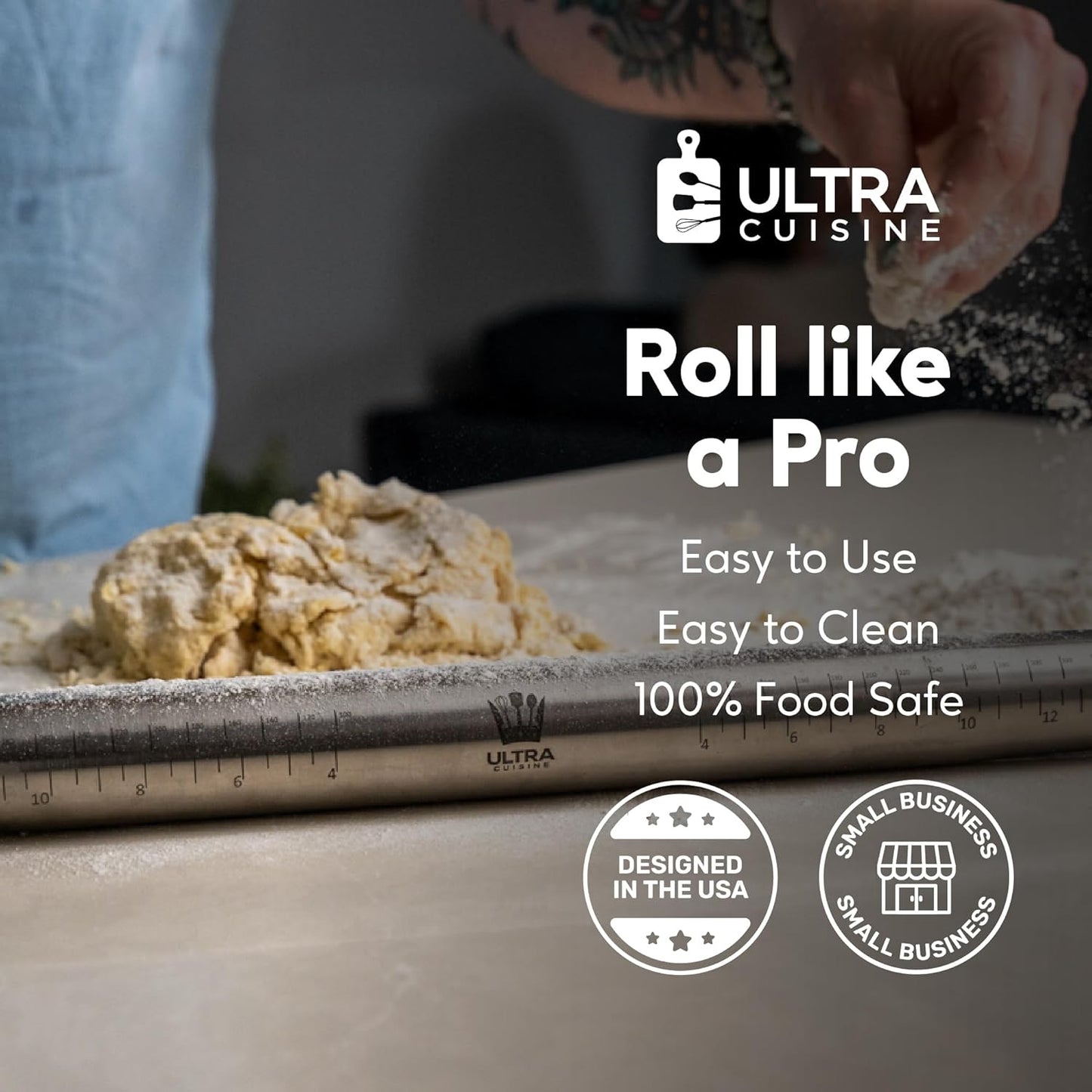 Ultra Cuisine French Rolling Pin for Baking – Use with Pizza, Cookie, and Pastry Dough, Fondant and Pie Crust – Tapered Design Bread Roller Pin, Stainless Steel 15.75-inch Large Roller Pin