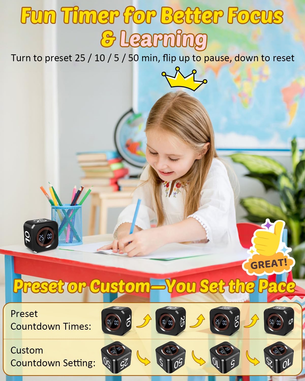 Digital Pomodoro Timer Cube 5/10/25/50min, Visual Productivity Flip Timer for Kids Classroom Desk, Custom Countdown, Silent and Sound Mode for ADHD Study Work Game Kitchen (Orange)