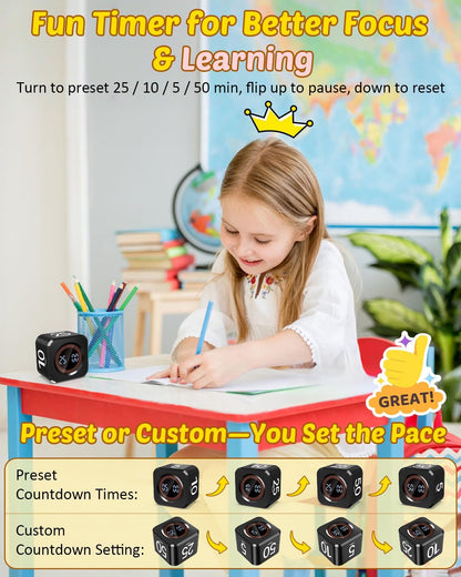 Digital Pomodoro Timer Cube 5/10/25/50min, Visual Productivity Flip Timer for Kids Classroom Desk, Custom Countdown, Silent and Sound Mode for ADHD Study Work Game Kitchen (Orange)
