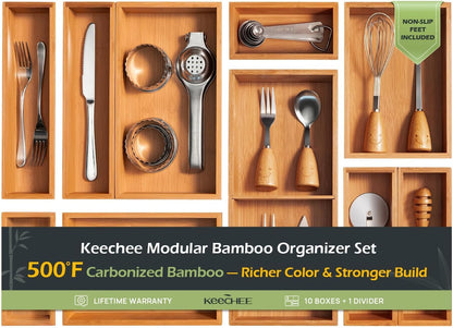 keechee Carbonized Bamboo Kitchen Drawer Organizer, 10 Slots Expandable Silverware Organizer, Utensil Holder & Cutlery Tray, 2.2" Deep for Extra Capacity, Non-Slip Feet Included