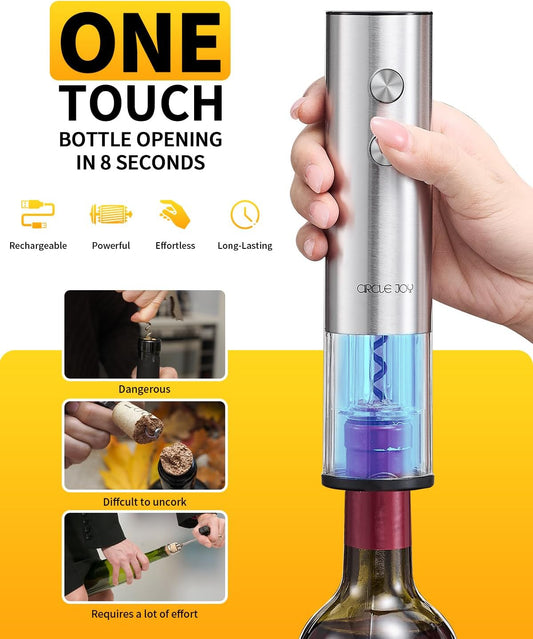 CIRCLE JOY Electric Wine Opener Stainless Steel Rechargeable Automatic Wine Bottle Opener Set 7-in-1 Wine Gifts for Wine Lovers with Charging Base, Foil Cutter, Wine Aerator Pourer & 2 Vacuum Stoppers