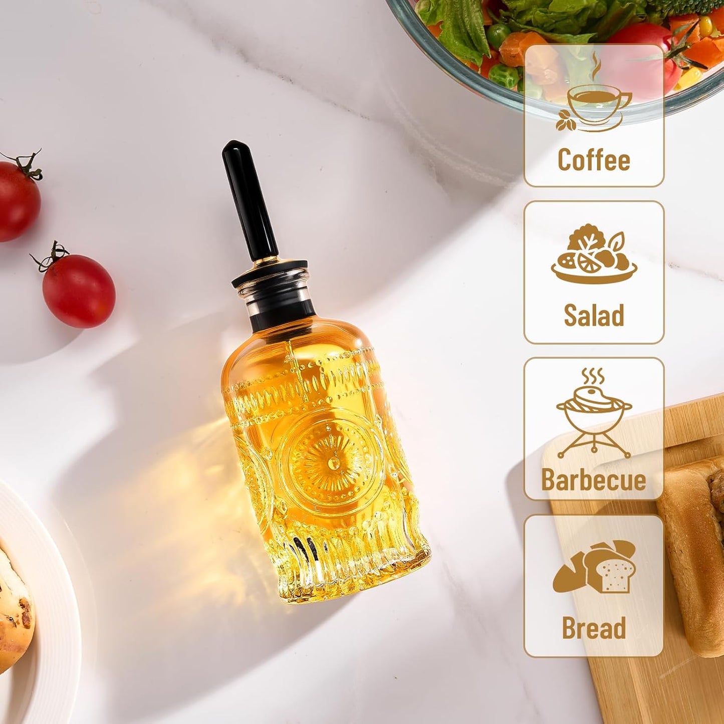 Baalaka Glass Oil Bottles 7OZ, Olive Oil Dispenser Bottle for Kitchen with Metal Spout, Elegant Glass Cooking Dispenser for Kitchen