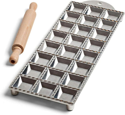 Ravioli Mold - Pasta Cutter Makes 12 Round 2” Raviolis - Easy to Use Stuffed Pasta Maker with Wood Roller and Non-Slip Rubber Feet - Made in Italy Kitchen Tools by Kings County Tools