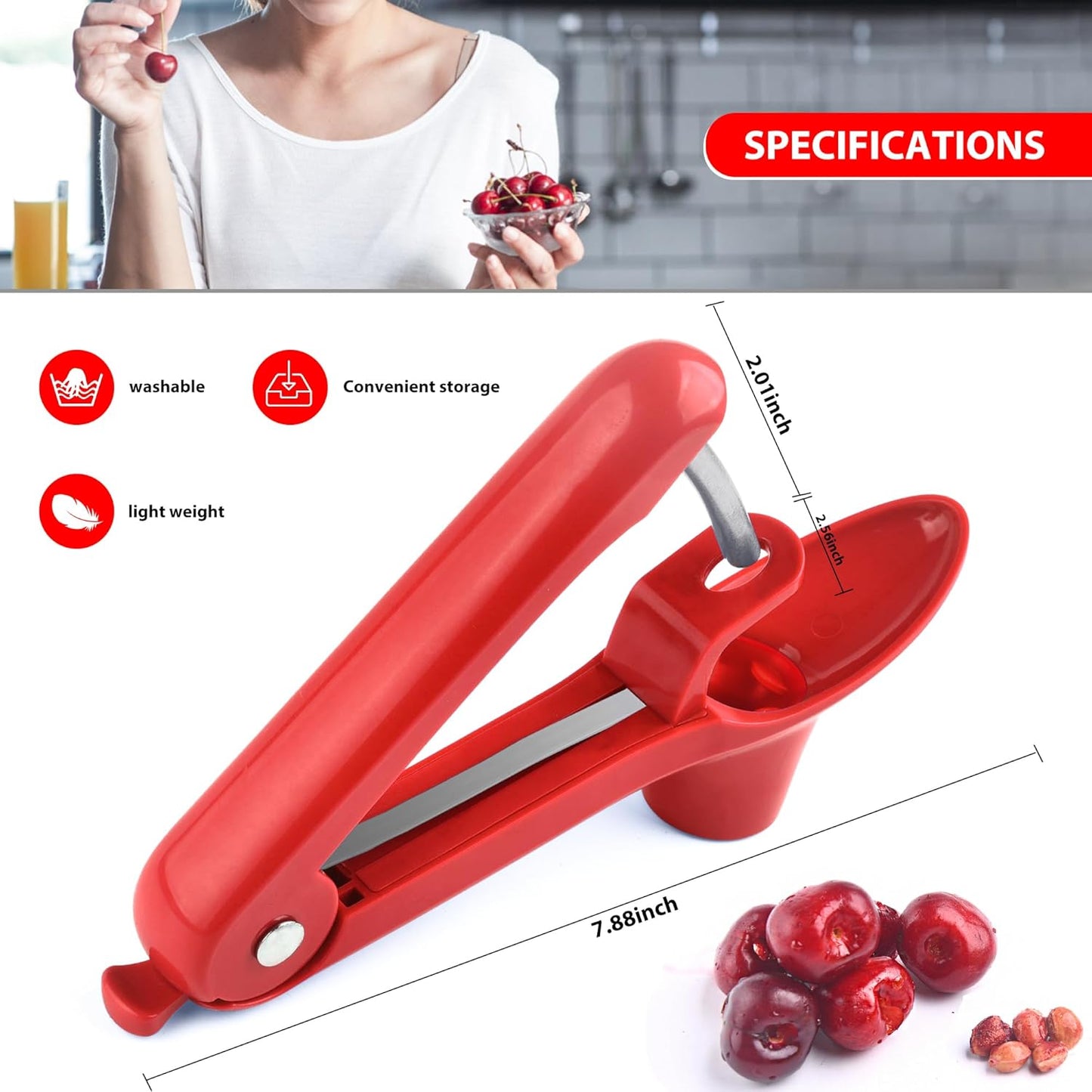 Cherry Pitter, Brighoot Stainless Steel Cherry Pitter Tool Cherries Corer with Lock Design for Making Cherry Jam, Remove Cherry Seed with Space/Safe/Quick (Red)