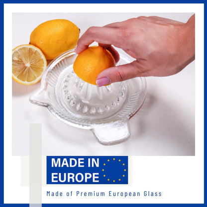 Glass Lemon Juicer, Small Grapefruit and Citrus Juicer, Extractor Manual Hand with Handle and Pour Spout, BPA Free and Lead-Free Heavyweight Crystal Clear Glass 10.1oz (Yellow)