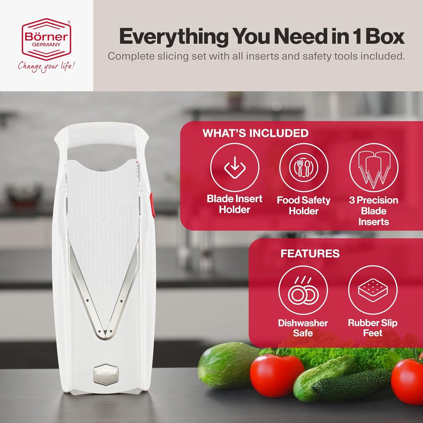 Swissmar Börner VPower V-Slicer Mandoline – Professional Kitchen Tool with Adjustable Thickness – Precision Food Slicer for Vegetables, Julienne, Shredding – Includes Safety Holder & Inserts - White