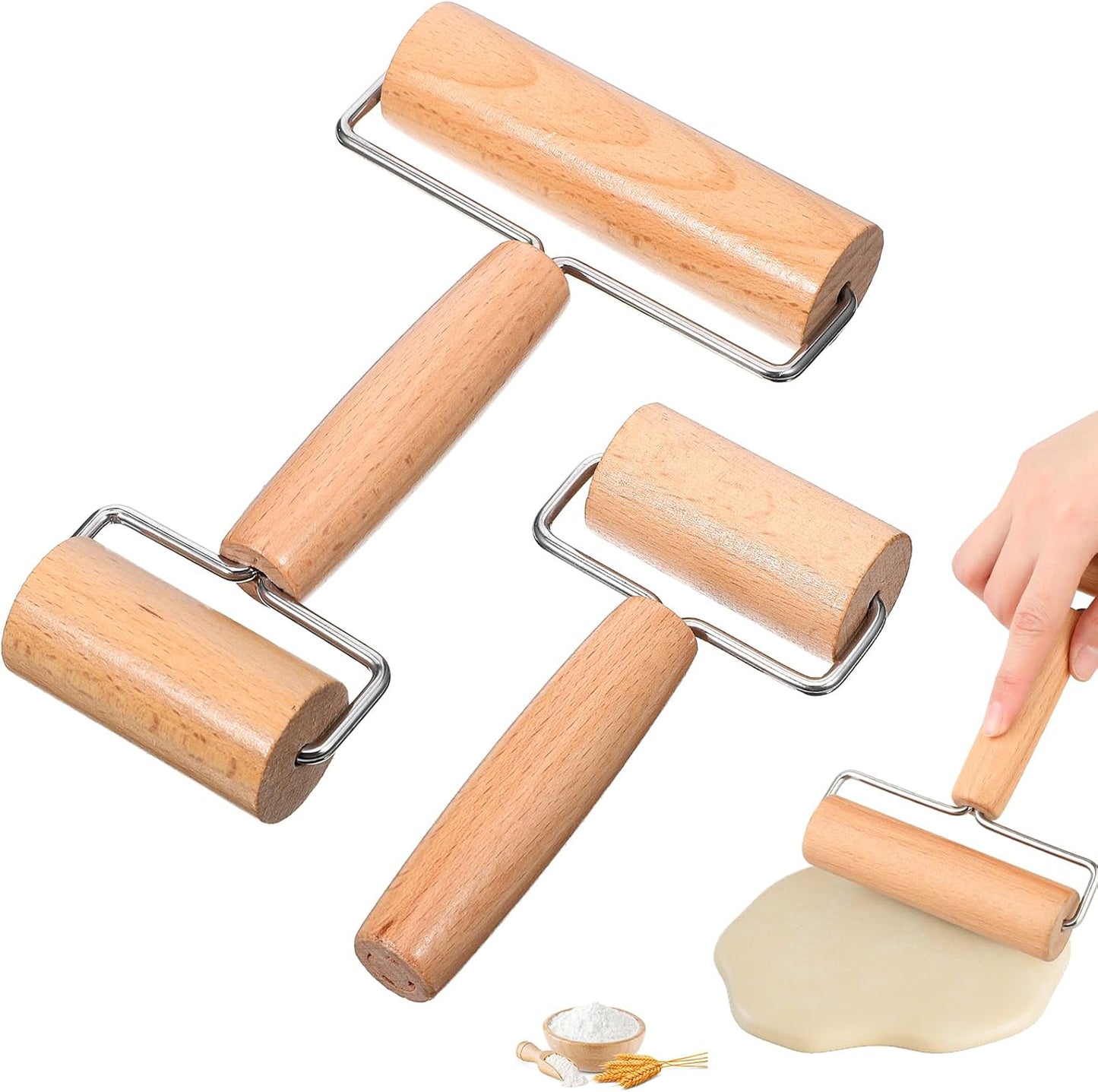 2 Pcs Baking Wooden Rolling Pins T-shape Pizza Dough Roller Pin Non-Stick Baker Pastry Roller Set for Tortilla Cookie Dumpling Home Kitchen Baking Cooking
