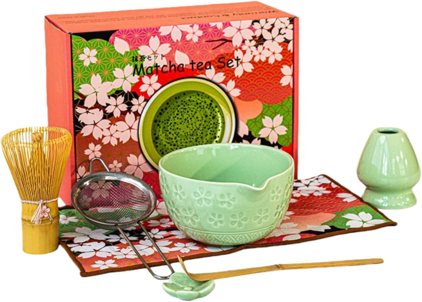 8PCS Japanese Matcha Whisk Set -With Ceramic Bowl (Spout Design),Bamboo Whisk and Holder,Scoop, Scoop Rest, Tea Towel,Sifter Kit for Lovers - Ideal for Daily Use, Ceremonial Use & Gifts(ALL) (Pink)