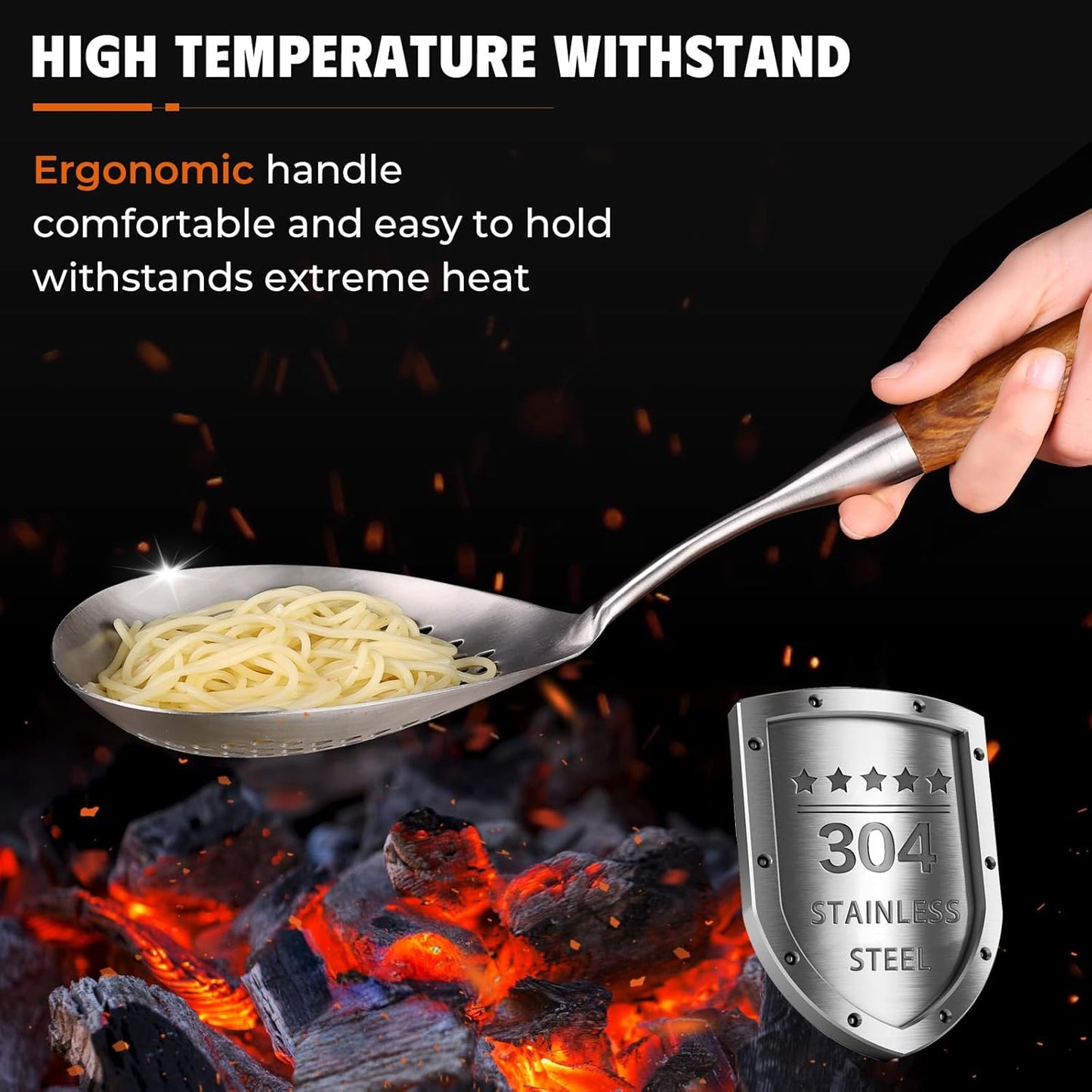 MARTE Skimmer Slotted Spoon Set of 4 - Kitchen Pasta Strainer Spoon - Spider Strainer Skimmer Ladle Spoon with Holder for Cooking and Frying Food, Spaghetti, Vegetable, Dumpling - 14.8In,16.5In,17In