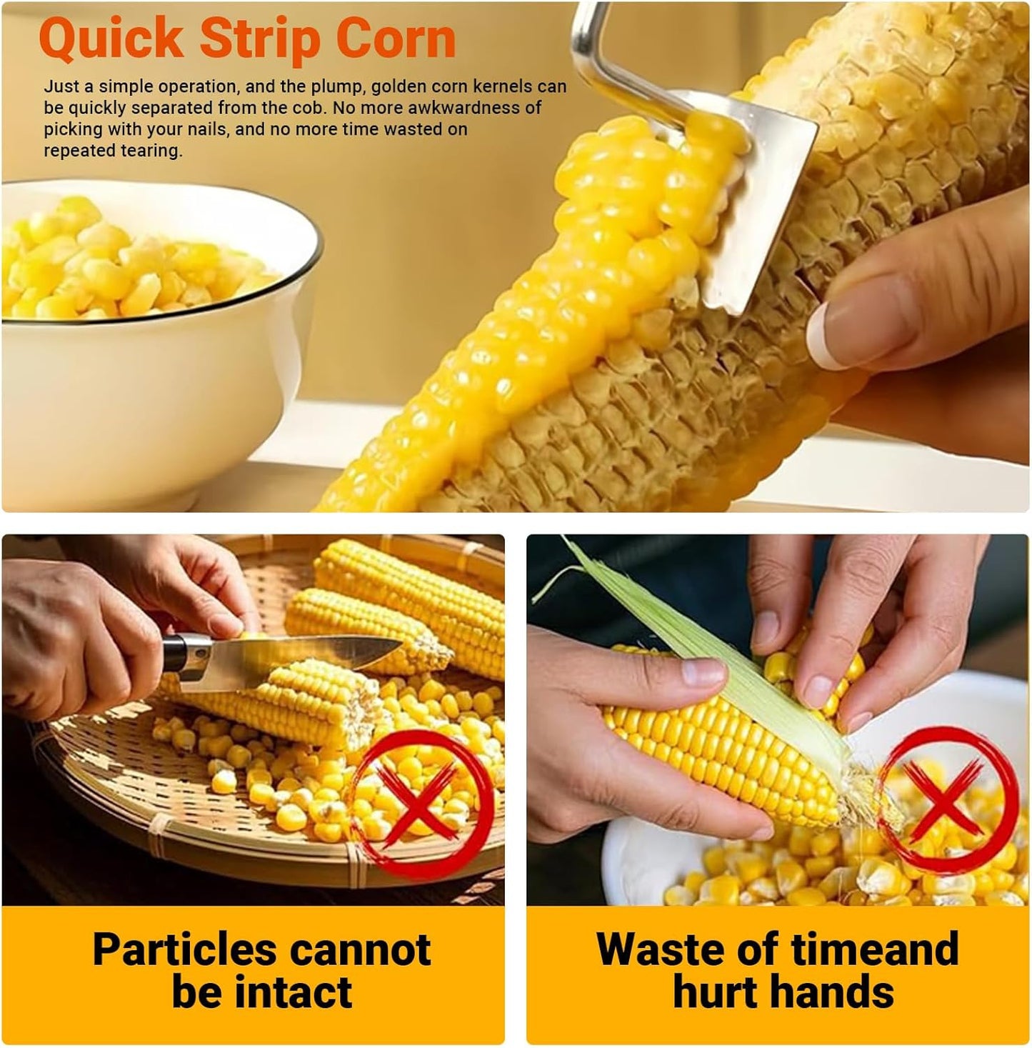 3pcs Stainless Steel Corn Peeler Stripper with Serrated Blade, Long Oval Ergonomic Handle + Corn Holder, 2025 Upgraded Gadget Tool for corn on the cob