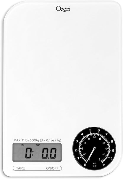Ozeri ZK18-WB Rev Digital Kitchen Scale with Electro-Mechanical Weight Dial, Black Dial