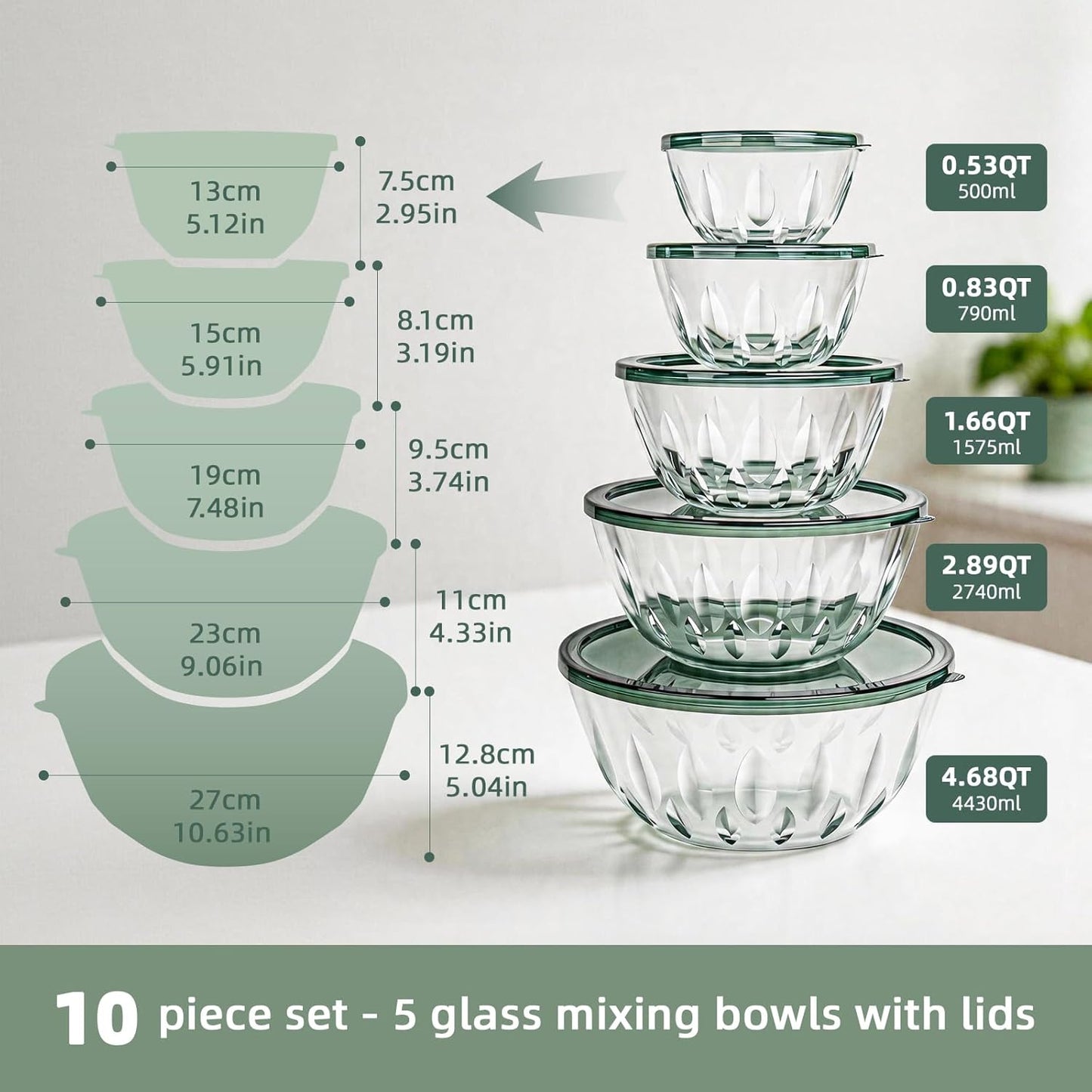 WhiteRhino Glass Mixing Bowls Glass Bowls with Lids Set(4.5QT,2.7QT, 1.1QT),Large Salad Bowls,glass mixing bowl Space-Saving Nesting Storage bowls for Cooking,Baking,Prepping,Dishwasher Safe