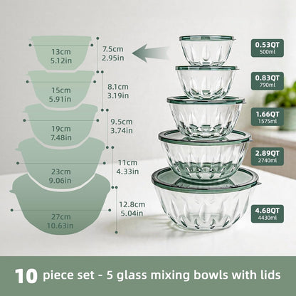 WhiteRhino Glass Mixing Bowls Glass Bowls with Lids Set(4.5QT,2.7QT, 1.1QT),Large Salad Bowls,glass mixing bowl Space-Saving Nesting Storage bowls for Cooking,Baking,Prepping,Dishwasher Safe