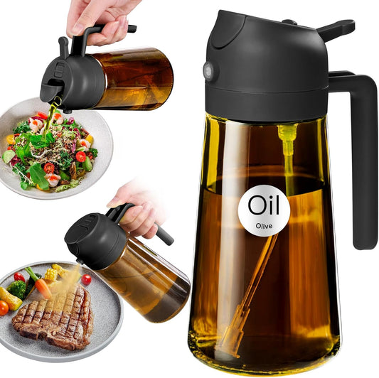 YARRAMATE 2Pcs 16oz/470ml Dark Brown Oil Sprayer for Cooking with Stickers, Food-grade Premium 2 in 1 Olive Oil Dispenser Bottle for Kitchen Gadgets, Air Fryer, Salad, Frying, BBQ (Black&OliveGreen)
