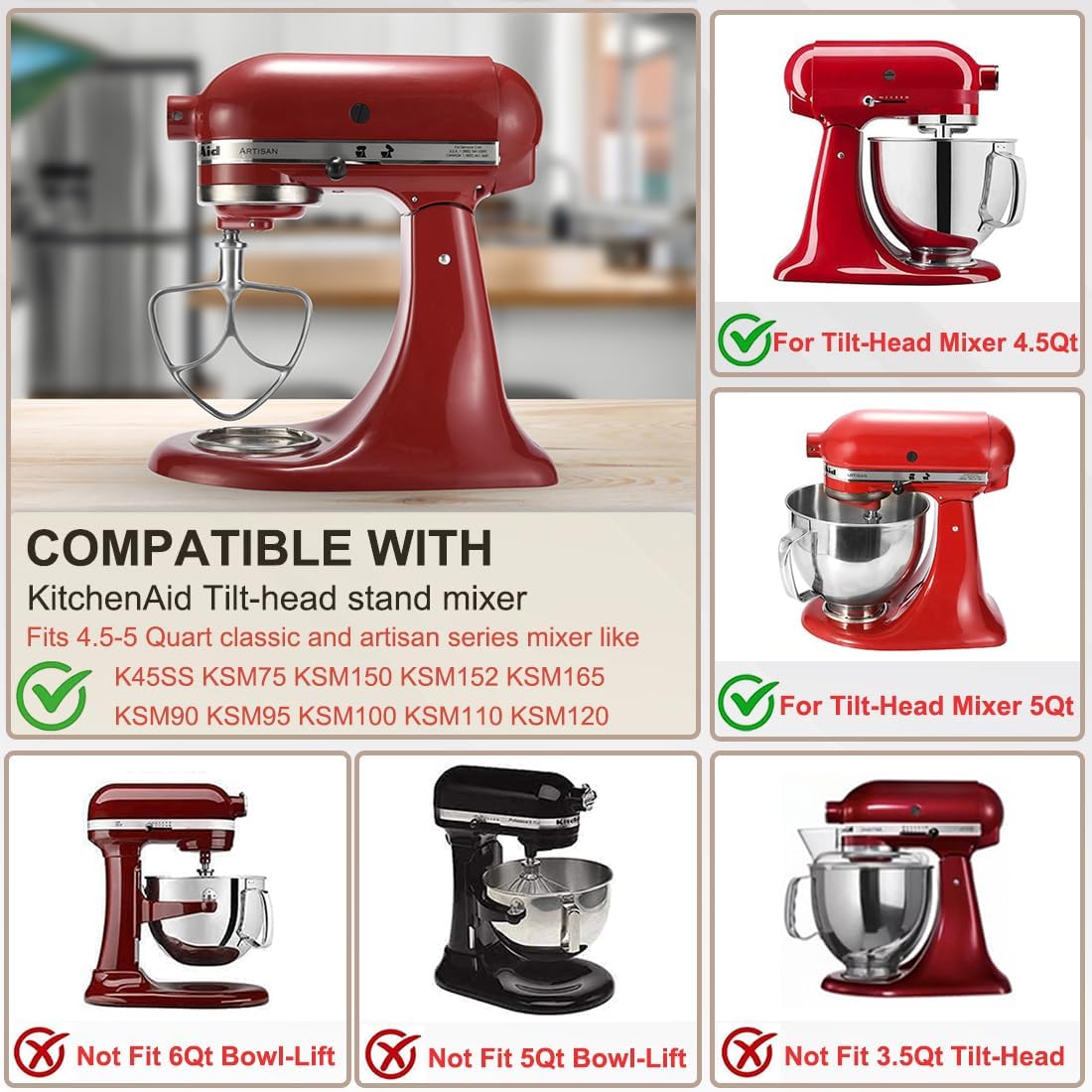 Flat Beater for KitchenAid 5-6 Quart Bowl-Lift Stand Mixer, Stainless Steel Paddle Attachments Fits for Kitchenaid Professional 5 Plus and 600 Seris Mixer, Mixing Accessories, Dishwasher Safe