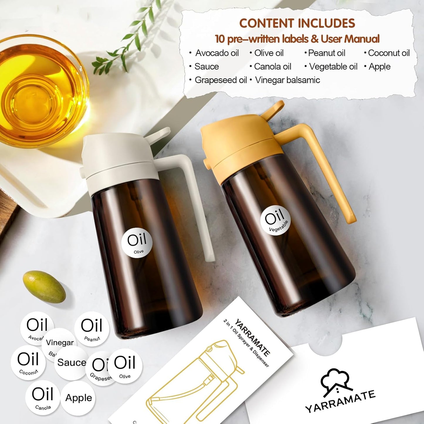 YARRAMATE 16oz/470ml Light Blocking Oil Sprayer for Cooking with Stickers, Food-Grade 2 in 1 Olive Oil Dispenser Bottle for Kitchen, Premium Dark Amber Glass Oil Bottle for Air Fryer, BBQ (Black)