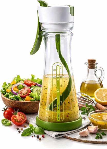 Salad Dressing Shaker Bottle with Spiral Mixer – Manual Salad Dressing Mixer, Leak Proof Oil and Vinegar Dressing Container with Measurements – Reusable BPA Free Salad Dressing Maker