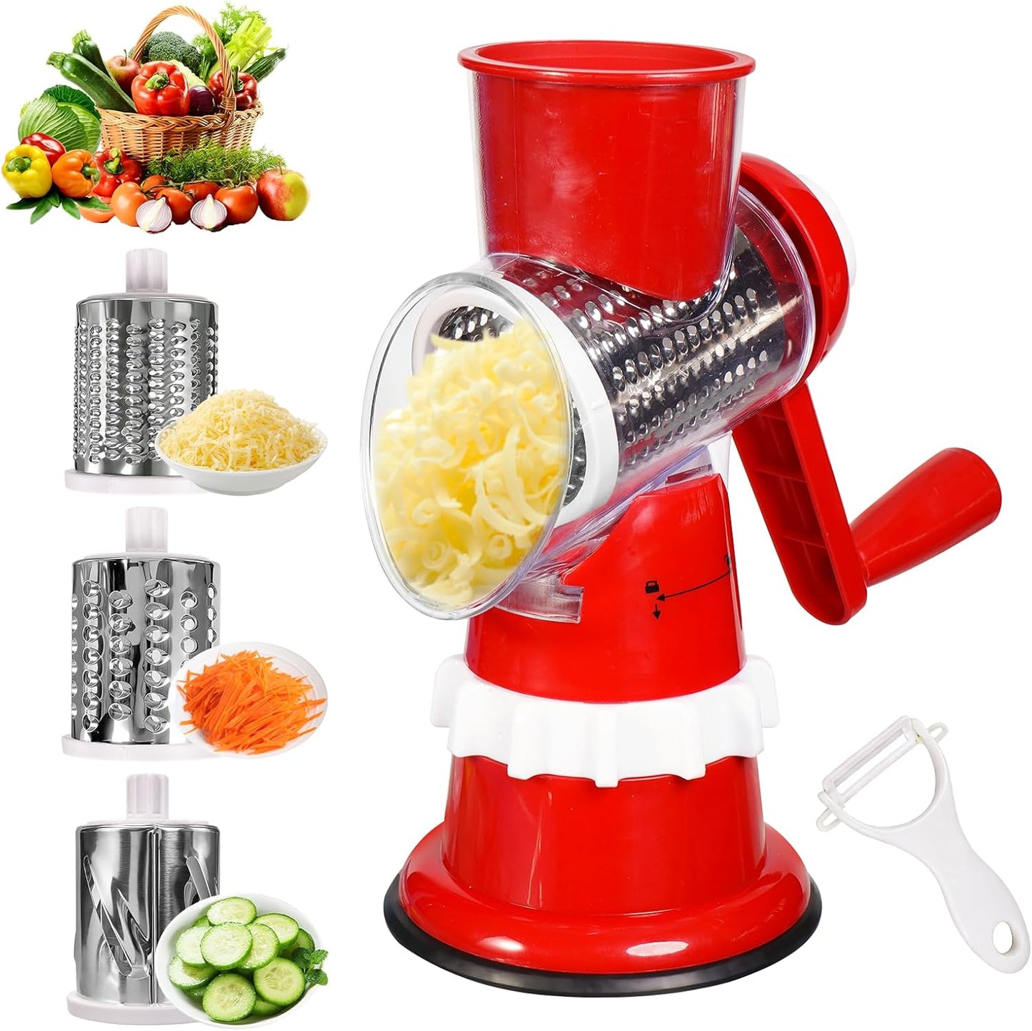 Rotary Cheese Grater, Hand Crank with Suction Base Cheese Shredder Hand Crank 3 Stainless Steel Blades, Rotary Cheese Grater with Handle, Easy to Clean, Rotary Grater for Cheese Vegetable Nuts (Red)